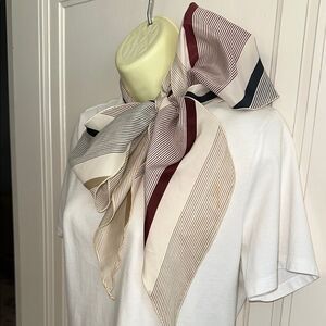 Vintage 70s/80s Cream,‎ Maroon, Black  & Tan Striped Long Polyester Scarf